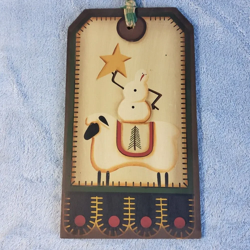 Primitive Country Wooden Luggage Tag Wall Hanging Snowman Riding Sheep Star 9
